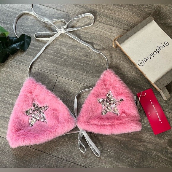 RARE!! SHEIN Rave Fuzzy Pink Faux Fur Bikini Top w Metallic Sequin Star M NWT! - Picture 7 of 10